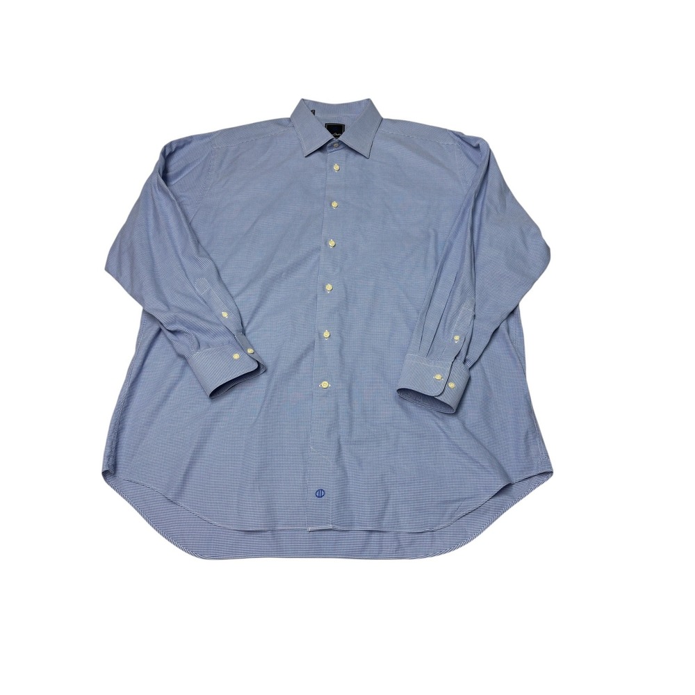 David Donahue Men 18 34/35 Blue White Micro Check Cotton Button Down Dress Shirt
